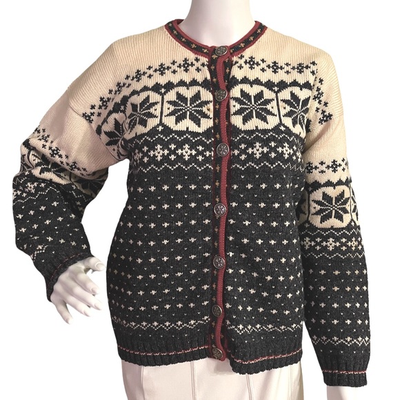 Blueberry Sweaters - Blueberry Woolens Vintage Wool Fair Isle Cardigan Sweater Women Size L